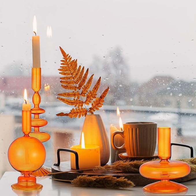 Rtteri 3 Pcs Glass Candlestick Holders Glass Candle Holders Groovy Wavy Elegant Taper Candle Stick for Wedding Home Birthday Party Christmas Halloween Decoration Windowsill Decor(Brown)