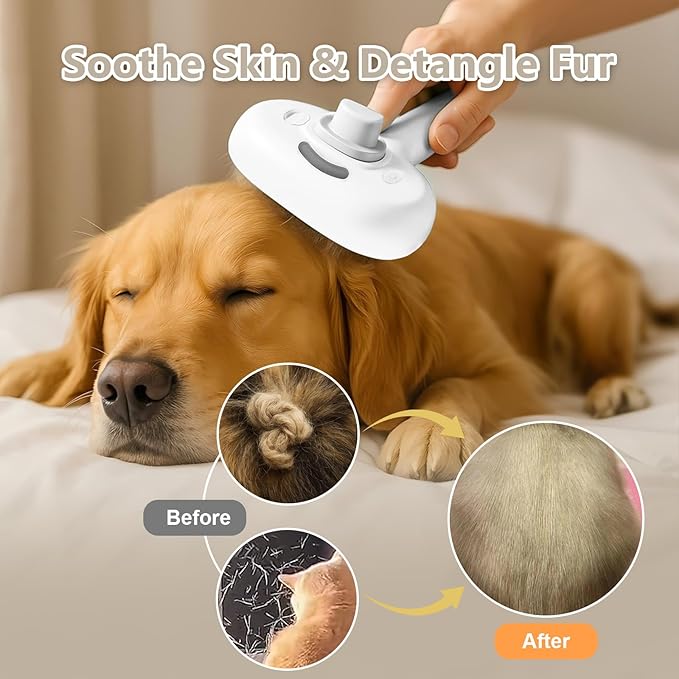 ‌3-in-1 Pet Steam Brush with Self-Cleaning & Cool Mist‌ – Portable Grooming Tool for Cats & Dogs, Long-Lasting Shedding Control & Detangling, Refillable Water Tank & Fast Charging-Mewly Pet