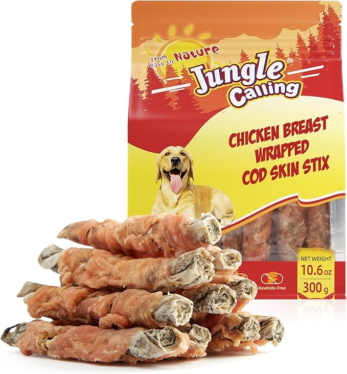 Jungle Calling Dog Treats, High Protein Dog Chewy Treats Health Teeth and Coat, Chicken Wrapped Cod Skin Sticks, Rawhide-Free Cod Fish Skin Treats for Dogs, 10.6 oz-Mewly Pet