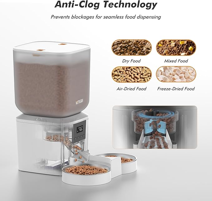 Automatic Cat Feeder for 2 Cats - 8L/34 Cups Large Capacity Auto Food Dispenser with LCD Screen, 2 Food Trays, Timed Cat Feeder, Up to 50 Portions 6 Meals Per Day, Keep Fresh, White-Mewly Pet