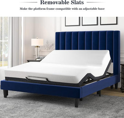 Allewie Queen Platform Bed Frame/Velvet Upholstered Bed Frame with Vertical Channel Tufted Headboard/Strong Wooden Slats/Mattress Foundation/Box Spring Optional/Easy Assembly/Navy Blue