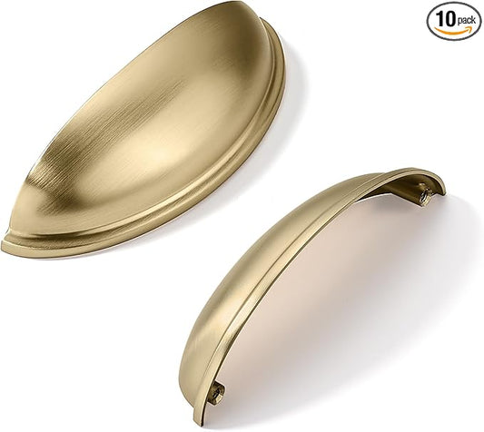 khtumeware 10 Pack 4" Drawer Pulls Brushed Brass Cabinet Cup Pulls Kitchen Hardware Cabinet Handles Drawer Handles Knobs 4 inch Hole Center