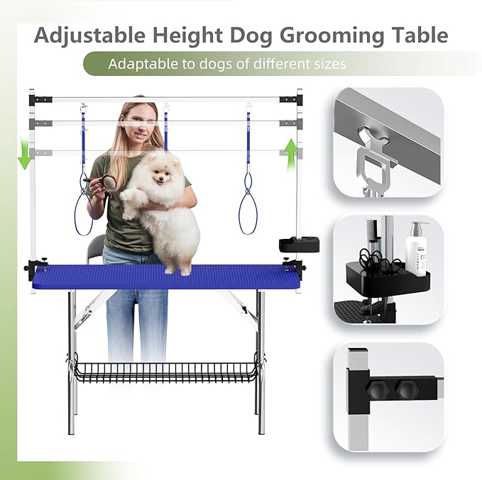VFK 47'' Large Dog Grooming Table Stainless Steel Foldable Grooming Table for Dogs at Home Adjustable Height Arms Pet Station with Nooses, Mesh Tray, Tool Organizer-Mewly Pet