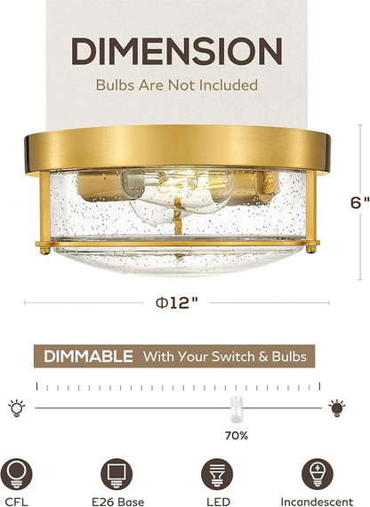FEMILA 12" Ceiling Light Fixture, 2-Light Flush Mount Light for Bedroom Kitchen Dining Room Hallway Entryway, Brass Gold Finish with Seeded Glass, 4FTJ22-F BG