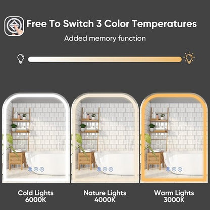 LED Bathroom Mirror, 36"x 36" LED Mirror with Lights for Bathroom, Lighted Vanity Mirrors for Wall, Anti-Fog, Dimmable, Tempered Glass, Memory Function, 3 Colors, Safe Use (White)