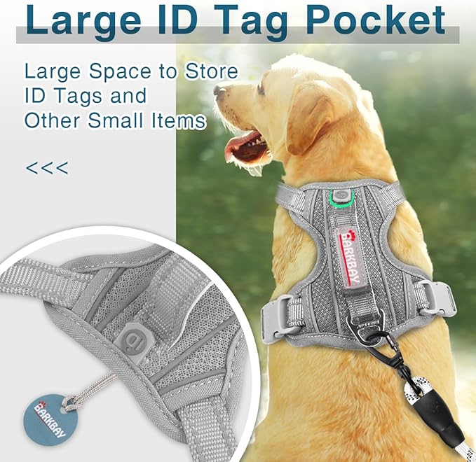 BARKBAY Dog Harness No Pull with ID Tag Pocket - Heavy Duty, Reflective, Easy Control for Large Dogs(Grey,L)-Mewly Pet