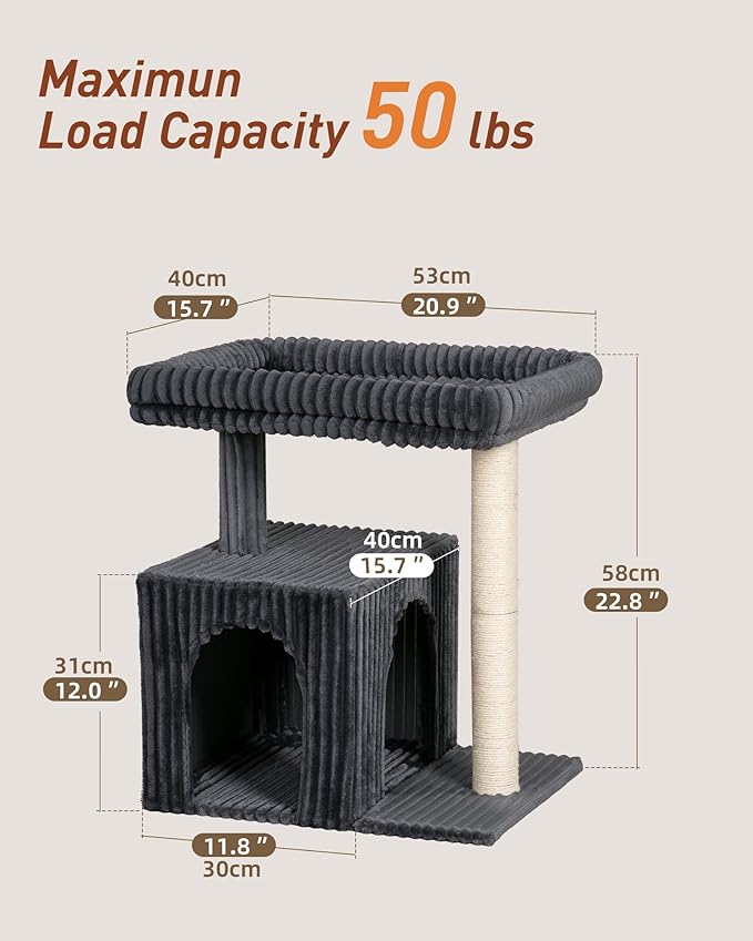 Cat Tree for Large Cat, 22.8” Cat Tower with Scratching Post, 20.9 * 15.7in Perch Bed for Adult Cats, Cat Condo with 2 Caves for Indoor Cats, Dark Gray-Mewly Pet