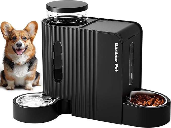 Automatic Gravity Pet Feeder, 1.8 Gallons*2 Dog Feeder and Water Dispenser Set, 2-in-1 Automatic 100% BPA-Free Feeder and Stainless Steel Water Dispenser for Dogs, Cats, Rabbits, Puppies (Black)-Mewly Pet