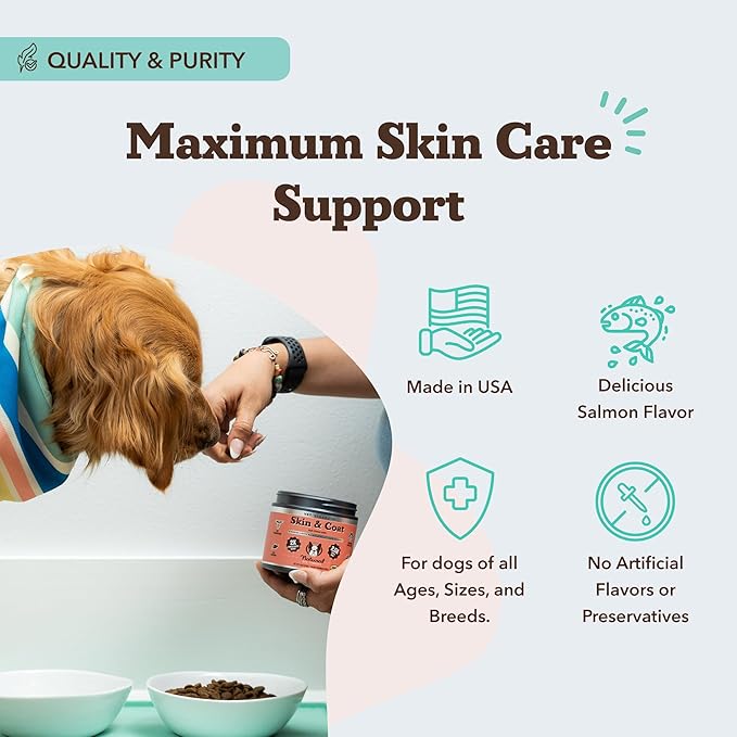 Natural Dog Company Omega Skin & Coat Chews, Vet Strength Supplement, Itchy Skin Relief, Moisture Balance & Coat Hydration, Biotin & Vitamin E, Dry Skin Care, Vet-Recommended, USA Made, 90 Ct-Mewly Pet