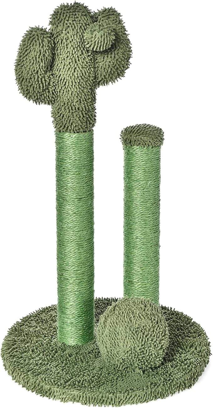 Amazon Basics Cat Scratcher - Indoor Cactus Triple Posts Cat & Kittens Scratching Post with Dangling Ball, Small (22.4"H) - Green-Mewly Pet