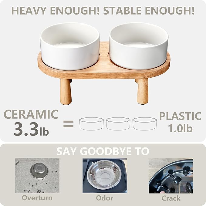Ceramic Elevated Dog Bowls, Pet Food and Water Bowl Set for Small Dogs and Cats, 1.7 Cups Elevated Cat Bowls with Wood Stand, 14OZ, White-Mewly Pet