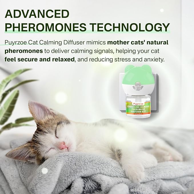 Cat 6-in-1 Calming Diffuser + Multivitamin 500 Chews for Cats – Stress Relief, Immune, Skin & Coat, Digestion, Brain & Bone Health for All Cats, 2 Diffusers + 4 Refills-Mewly Pet