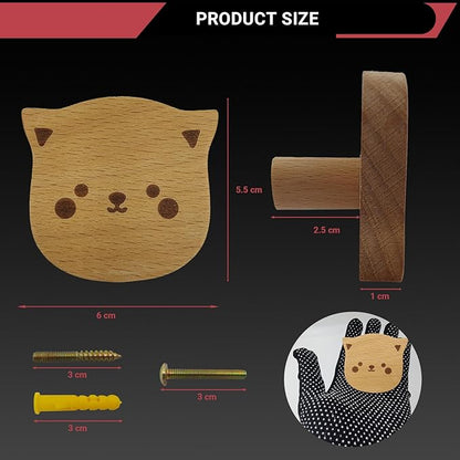 6PCS Wooden Cat Shaped Cabinet Knobs, Cabinet Handles, Single Hole Beech Wood Handles, Wood Hooks with Full Set of Screw Accessories
