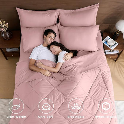 HEVUMYI Rose Gold Queen Comforter Set - 7-Piece All Season Bed in a Bag Queen, Ultra Soft Bedding Set with Comforter, Flat Sheet, Fitted Sheet, Pillowcases, Pillow Shams