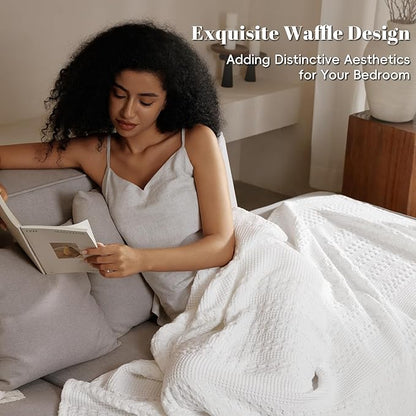 PHF 100% Cotton Waffle Weave Blanket King Size for Bed, Soft Lightweight & Breathable, All-Season Comfort, Luxury Aesthetic Woven Bedding for Home Decor, 108"x90", White