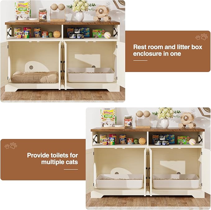 Cat Litter Box Enclosure for 2 Cats, 47" Hidden Litter Box Furniture Cat Washroom with Double Large Room, Farmhouse Indoor Litter Box Cabinet TV Stand, White-Mewly Pet