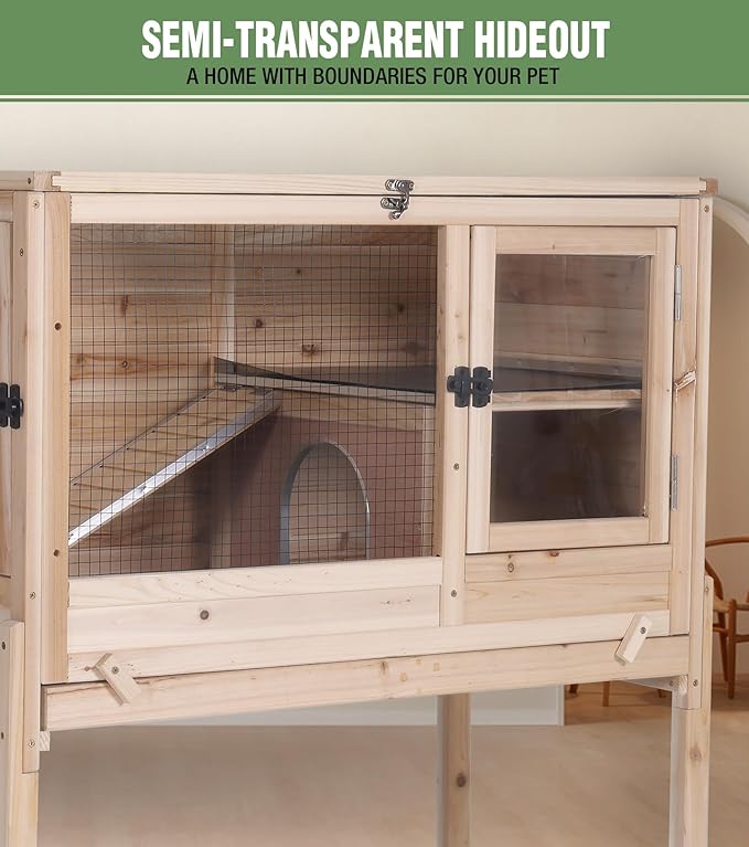 GUTINNEEN Guinea Pig Cage Rabbit Cage Indoor with Chew-Proof Edges, Clean Deep Tray, Leakproof PVC Layer, Small Animals Cage with Adjustable Legs - Natural Wood Color-Mewly Pet