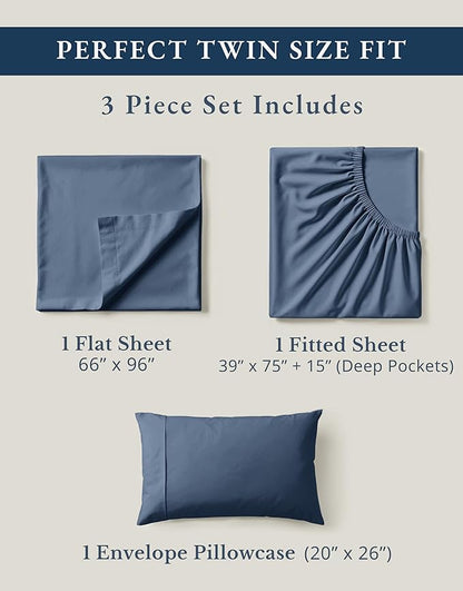 LANE LINEN 100% Organic Cotton Twin Bed Sheet Set, Luxury Hotel Style Fade Resistant Deep Pocket Machine Washable Twin Size Sheet Set, Eco Friendly Mercerized Cotton Sheets- Estate Blue