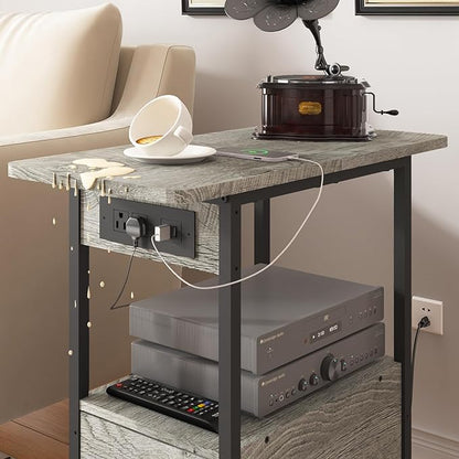 LIDYUK End Table with Charging Station, Narrow Side Table with Drawer and USB Ports & Power Outlets, Nightstand Bedside Tables for Small Spaces, Bedroom, Living Room, Light Grey, Set of 2
