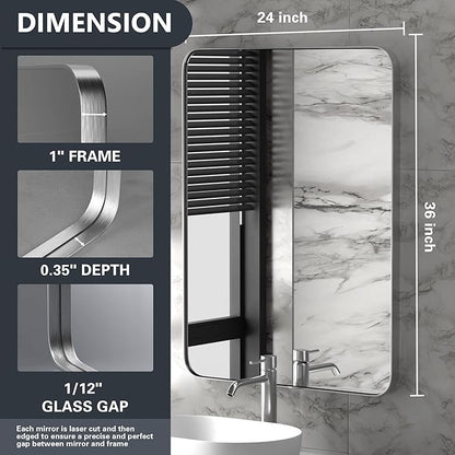 PAIHOME 24x36-Inch Brushed Nickel Bathroom-Vanity-Mirror for Wall - 304 Stainless Steel Silver Frame Bathroom Mirrors, Rectangle Farmhouse Mirror, Vertical Or Horizontal Hanging Modern Mirror