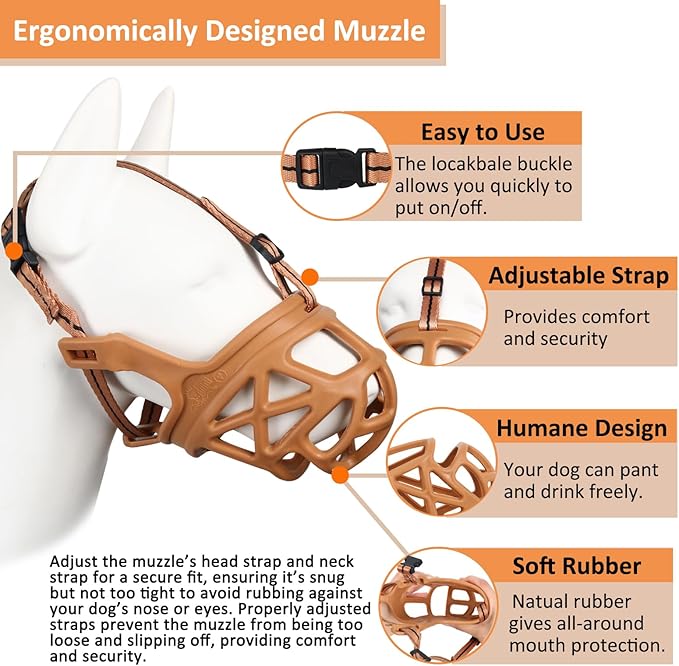 BARKLESS Dog Muzzle, Basket Muzzle for Biting, Chewing and Scavenging, Humane Cage Mouth Cover, Perfect for Grooming and Training Large Aggressive Reactive Dogs (L, Brown)-Mewly Pet