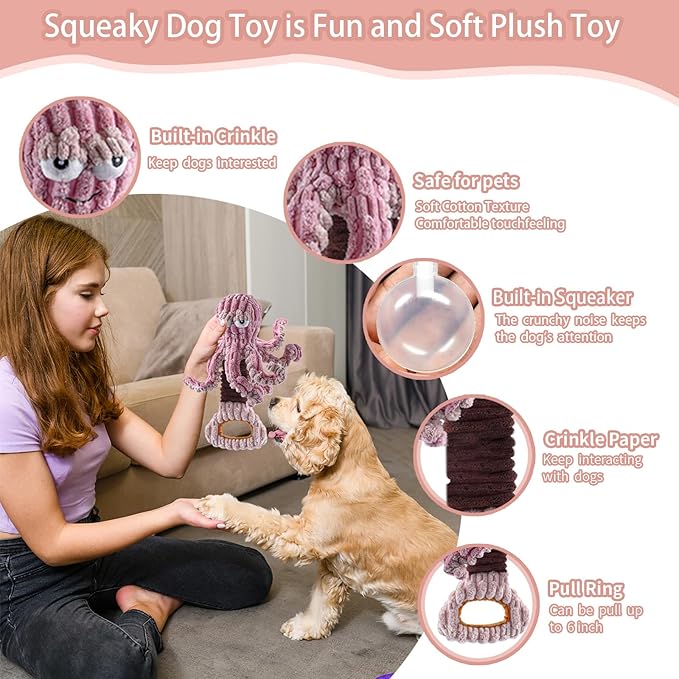 Squeaky Dog Toys, Octopus Dog Toy Interactive Tug of War Puppy Toy to Keep Them Busy(Purple)-Mewly Pet