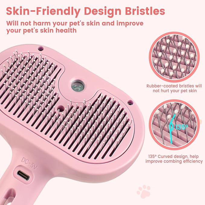 Steam Brush for Shedding Pets - Self-Cleaning Grooming Comb with Water Tank for Long & Short Haired Cats and Dogs (Pink)-Mewly Pet
