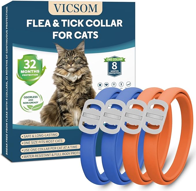 4 Pack Flea and Tick Collar for Cats, 32 Months Flea and Tick Treatment, Flea and Tick Prevention, Waterproof, Adjustable Flea and Tick Collar for Kittens, Blue & Orange-Mewly Pet