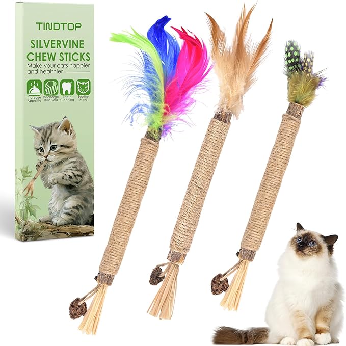 TINDTOP Silvervine Chew Sticks for Cats, Natural Catnip Chew Toys for Kittens Teeth Cleaning, Matatabi Dental Care, Increase Appetite, Calm Cat Anxiety and Stress, Cat Dental Toy (3 Pack)-Mewly Pet