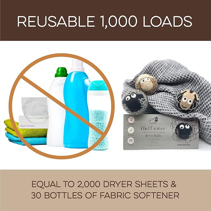 Fluff Ewes Wool Dryer Balls 3 Pack Premium New Zealand Wool Laundry Balls for Dryer, No Static Dryer Balls Laundry Reusable Cute - XL Wool Dryer Balls Cute, Baby Dryer Balls for Dryers - Darks-Mewly Pet