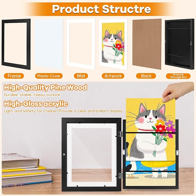8 Pack Kids Artwork Frames Changeable 8.5 x 11 Inch Children Art Projects Kids Art Frames Front Opening Picture Display Frame, Black