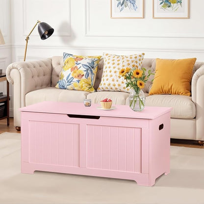 Wooden Storage Chest Box with Flip-top Lid & Safety Hinge, 39.4 Inch Living Room Organizer, Bedroom Bench, Pink