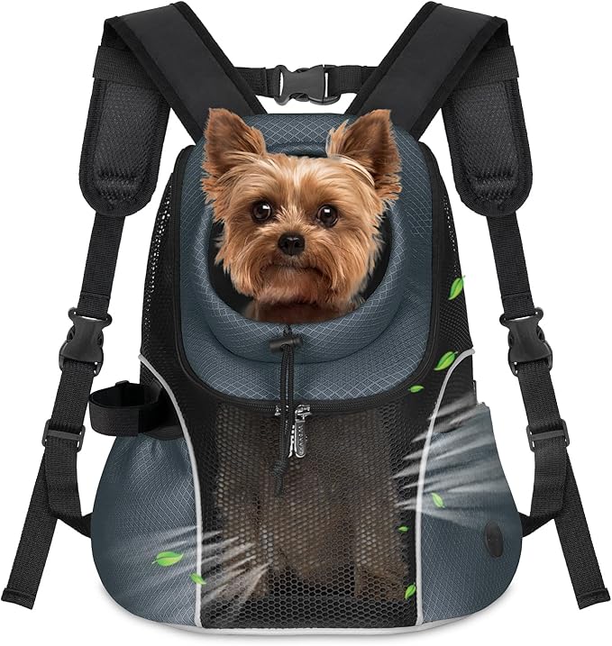 WOYYHO Pet Dog Carrier Backpack Small Dog Front Backpack Ventilated Mesh Dog Travel Back Pack with Safety Belt for Travel Hiking Cycling Outdoor Adventures (Size M: 5-9 lbs, Dark Gray)-Mewly Pet