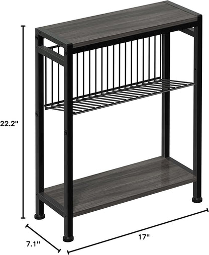 End Table for Small Space, 3-Tier Narrow Side Table with Magazine Holder,Slim Nightstand, Skinny Snack Couch Table in Living Room, Bedroom Study and Balcony (Grey)