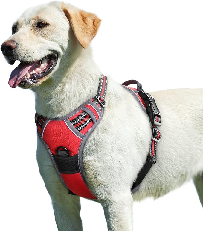 Eagloo Dog Harness for Large Dogs, No Pull Service Vest with Reflective Strips and Control Handle, Adjustable and Comfortable for Easy Walking, No Choke Pet Harness with 2 Metal Rings, Red, L-Mewly Pet