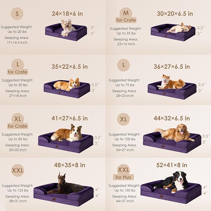 EHEYCIGA Orthopedic Dog Beds for Large Dogs, Waterproof Memory Foam Large Pet Bed with Sides, Non-Slip Bottom and Egg-Crate Foam Dog Couch Bed with Washable Removable Cover, Purple-Mewly Pet
