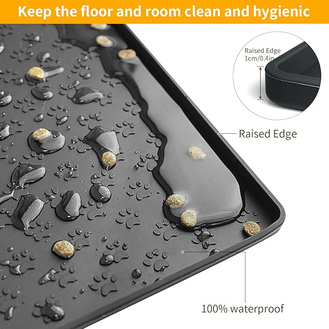 Ptlom Pet Placemat for Dog and Cat, Waterproof Non-Slip Silicone Feeding Bowl Mat Prevent Food and Water Overflow, Puppy Dish Feeder Fountain Trays Suitable for Medium and Small Pets, Black-Mewly Pet