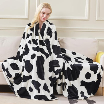Flannel Fleece Cow Print Blanket Twin Size - Premium Lightweight Anti-Static Super Soft Cozy Plush Cow Blankets, Lightweight Microfiber Winter Warm Throw Blanket 66" x 90"(Black Cow Twin)