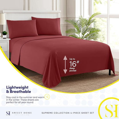 King Size Sheets - Breathable Luxury Bed Sheets with Full Elastic & Secure Corner Straps Built In - 1800 Supreme Collection Extra Soft Deep Pocket Bedding Set, Sheet Set, King, Burgundy
