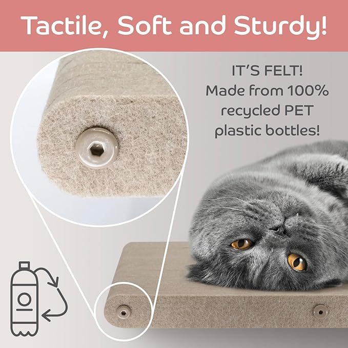 Wall Mounted Cat Steps Short Shelves (2) by Pryde Pets - Stairs for Walkways, 100% Sustainable PET Felt Feline Enrichment Climber Furniture for Indoor Cats, Modern Climbing Gym Design (Oatmeal)-Mewly Pet