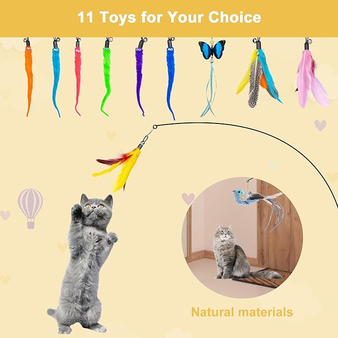 Cat Feather Toys, 14PCS With 2 Slots Super Suction Cup, Detachable 2PCS Wand & 11PCS Replacement Teaser Refills With Bell, Interactive Toy for Indoor Cats Kitten Play Exercise-Mewly Pet