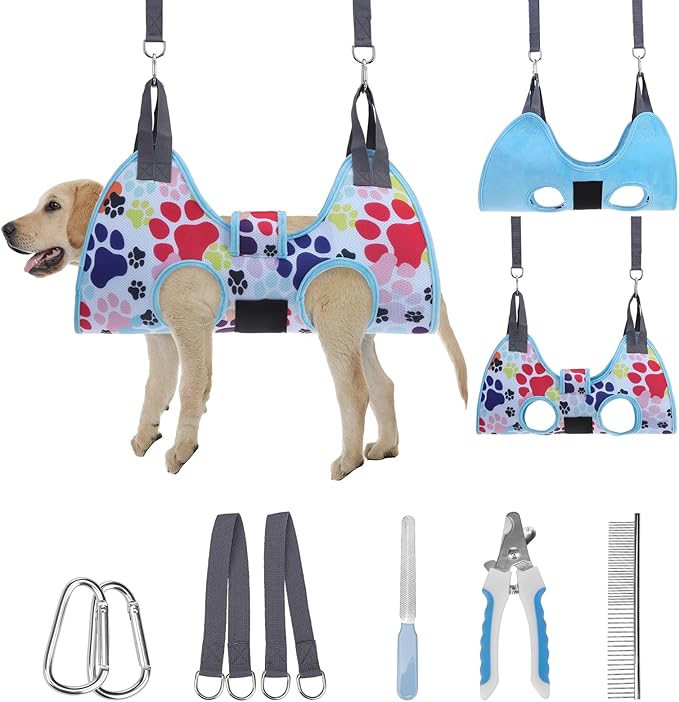 PAWCHIE Dog Grooming Hammock Harness for Dogs & Cats with Pet Nail Clipper Trimmer - Cat Hanger Sling for Trimming Clipping Nails- Dog Hammock Restraint Bag for Small Medium Large Dog, Blue M-Mewly Pet