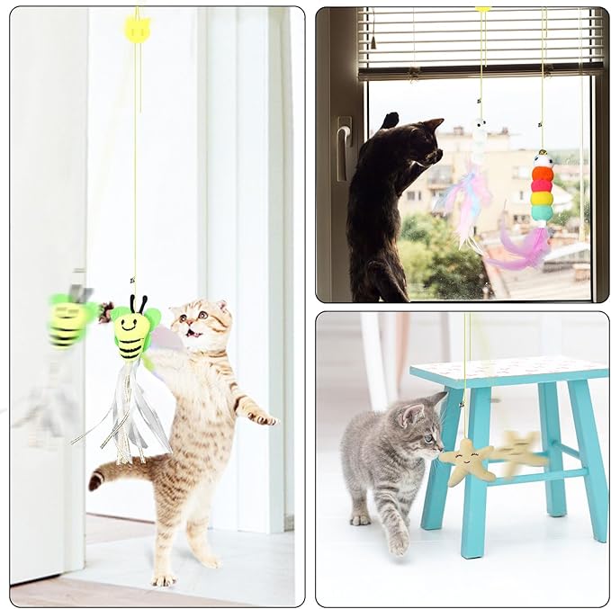 Kitten Toys 6 Pcs Interactive Feather Cat Toys, Cat Teaser Retractable Indoor Cat Toys Self Play Hanging Cat Toy,Cat Toy Indoor Kitten Play Chase Fun Exercise, Mental Physical Stimulation-Mewly Pet