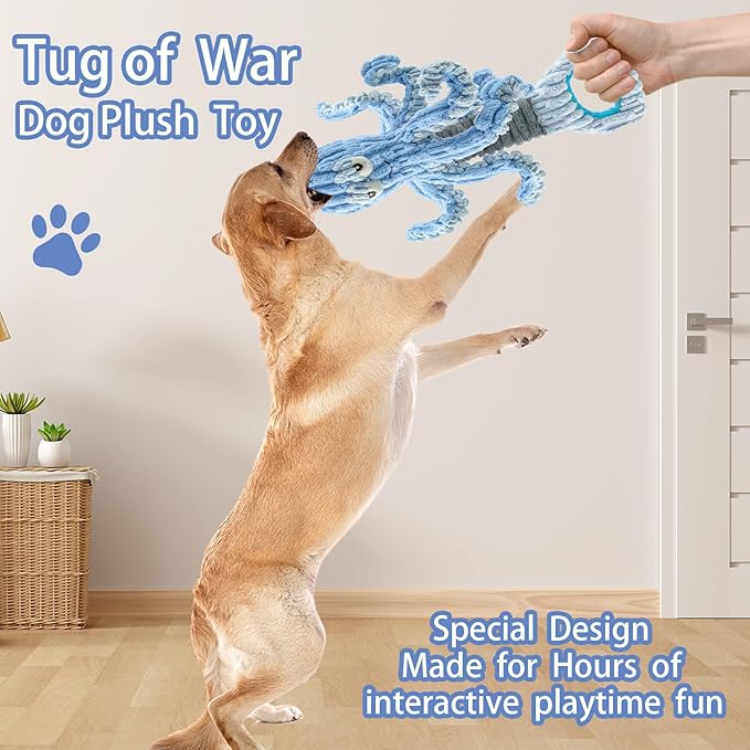 Squeaky Dog Toys for Large Dogs, Octopus Dog Toy Interactive Tug of War Dog Plush Toy to Keep Them Busy, Crinkle Dog Toy Plush Dog Toys (Blue)-Mewly Pet