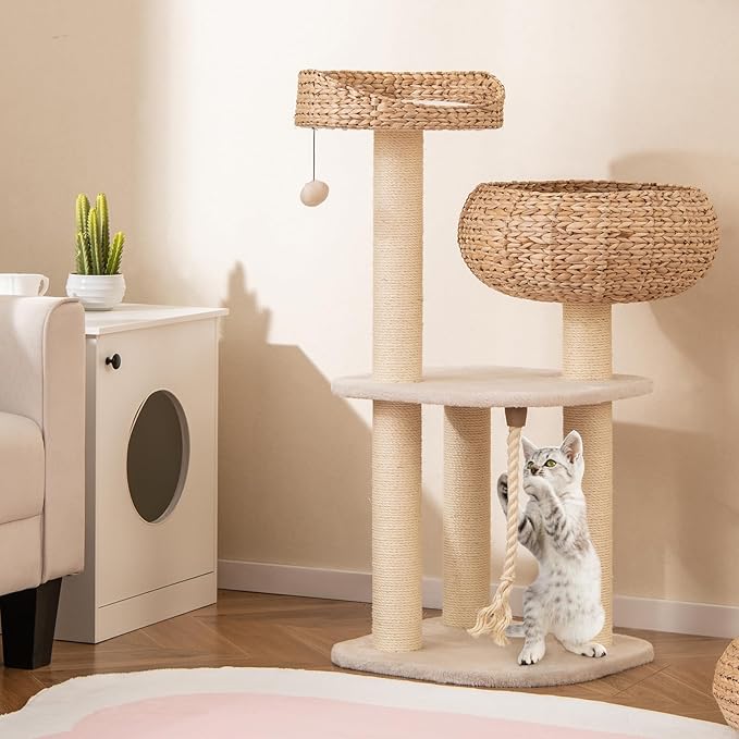Tangkula Modern Cat Tree, Tall Cat Tower with Natural Sisal Scratching Post, Hand-Made Wicker Cat Condo & Top Perch, Funny Hanging Toy Ball, Cute Cat Tree Tower for Indoor Cats-Mewly Pet