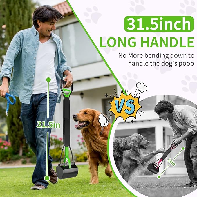 UPSKY 32'' Pooper Scooper for Large Small Dogs, Long Handle Dog Poop Scooper with Waste Bags, Portable Dog Poop Pick Up Tool, Folding Poop Scoop for Yard, Grass, Dirt, Gravel Green-Mewly Pet