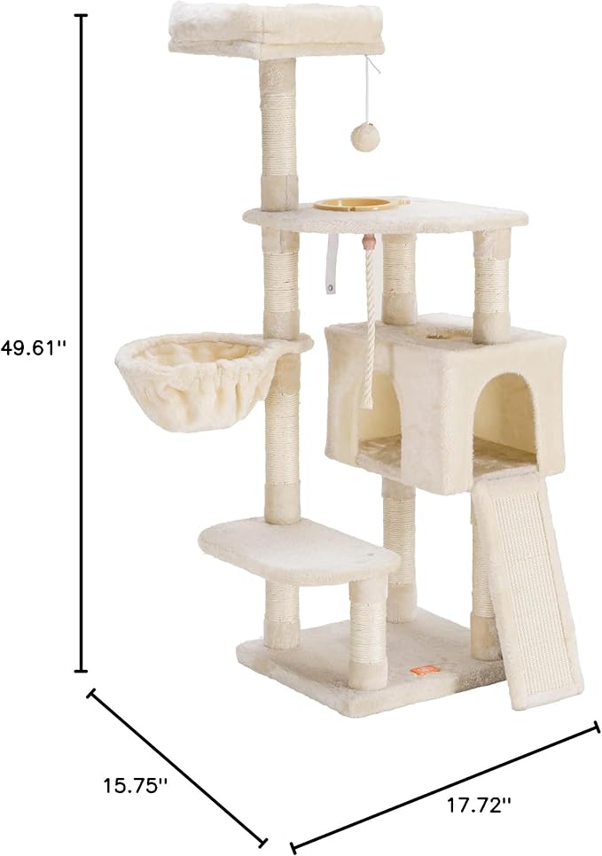 Heybly Cat Tree, Cat Tower for Indoor Cats with Scratching Board, Multi-Level Cat Furniture Condo with Feeding Bowl, Beige HCT010M-Mewly Pet