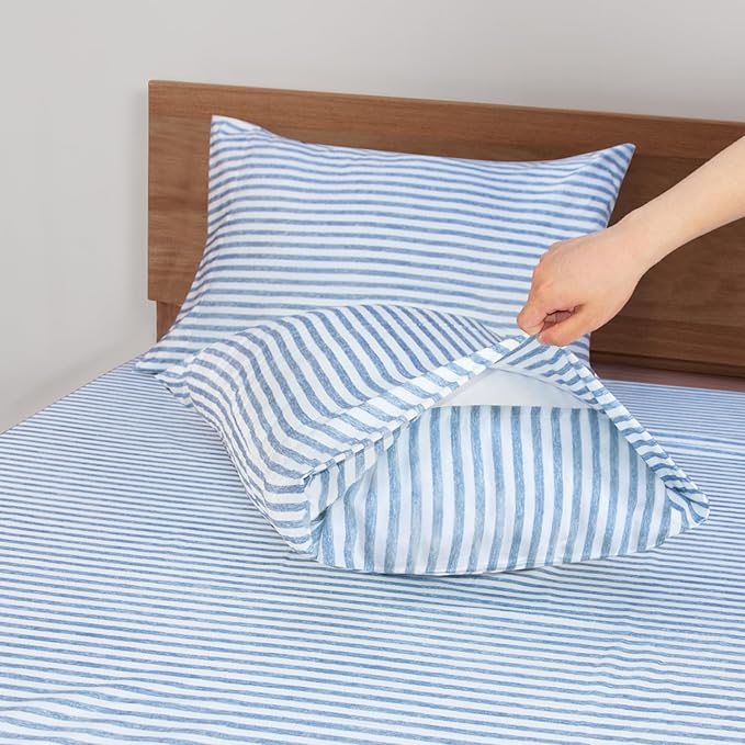 Mejoroom Striped Queen Size Sheet Set - Hotel Luxury 1800 Bedding Sheets & Pillowcases - Deep Pocket Fitted Sheet, Soft, Breathable, Wrinkle & Fade Resistant - 4 Piece (Blue Stripe)