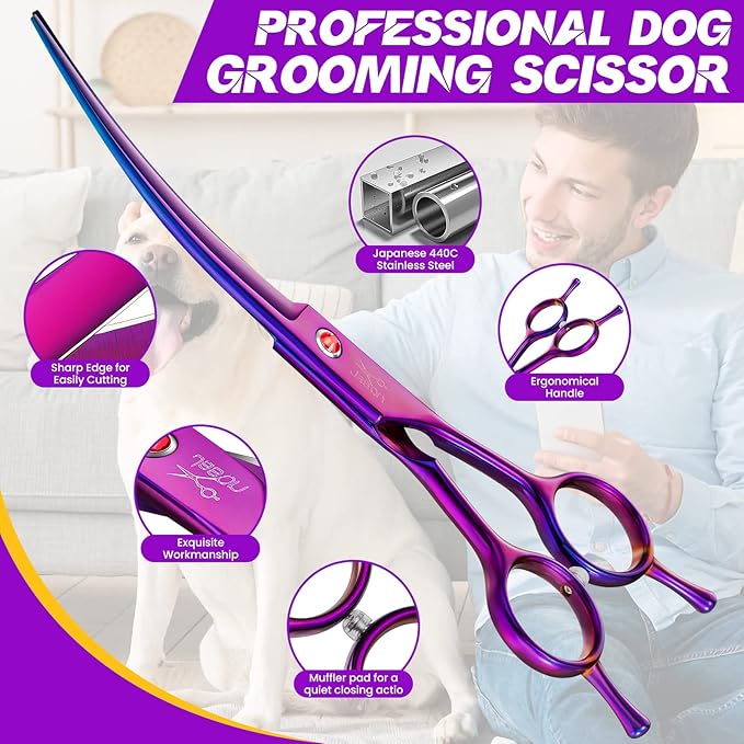 JASON Curved Shears for Dogs - 7.5" Pet Grooming Scissors with Ergonomic Handle Japanese Stainless Steel Trimming Scissor for Dogs, Cats and Other Pets, Sharp (Up-Curved, Purple)-Mewly Pet