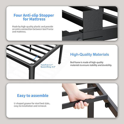 ROIL 12 inch King Size Bed Frame Metal Platform No Box Spring Needed with Headboard Hole Round Corner Legs Mattress Stoppers Retainers 3500LBS Heavy Duty Steel Slats Noise-Free